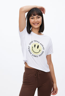 Super Soft Good Times Ahead Smiley Face Graphic Boxy Crop Tee