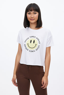 Super Soft Good Times Ahead Smiley Face Graphic Boxy Crop Tee