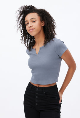 Waffle Knit Notch Neck Cropped Tee