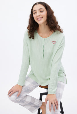 Henley Waffle Knit Graphic Long Sleeve Pajama Top