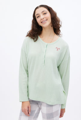 Haut pyjama Henley en tricot gaufré manche long avec graphique brodé