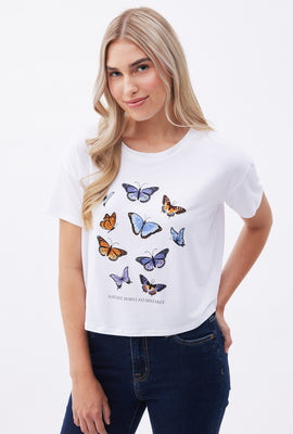 T-shirt coupe écourté carré Super Doux à imprimé Papillon