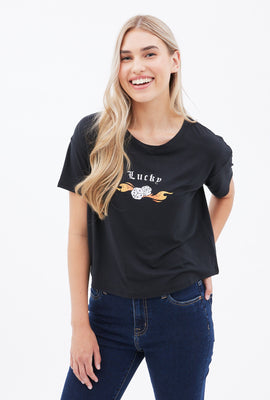 T-shirt coupe écourté carré Super Doux à imprimé Lucky