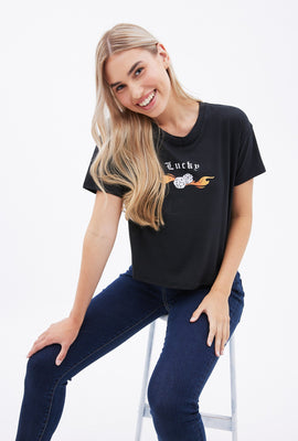 T-shirt coupe écourté carré Super Doux à imprimé Lucky