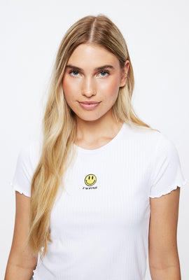 Super Soft Ribbed Lettuce Edge Embroidered Smiley Face I'm Fine Graphic Baby Tee