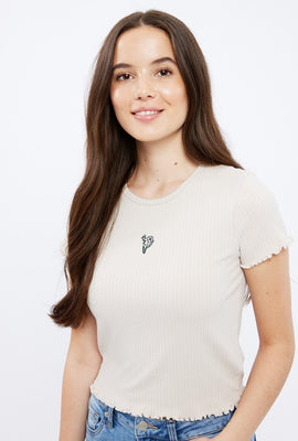 T-shirt court côtelé à bordure ondulé avec motif brodé Marguerite