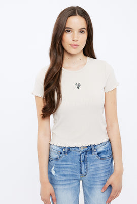 Super Soft Ribbed Lettuce Edge Embroidered Daisy Graphic Baby Tee