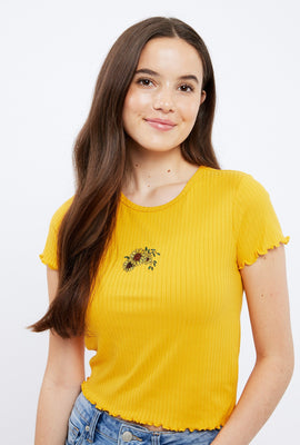 Super Soft Ribbed Lettuce Edge Embroidered Sunflower Graphic Baby Tee