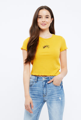 Super Soft Ribbed Lettuce Edge Embroidered Sunflower Graphic Baby Tee