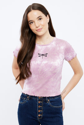 Super Soft Tie Dye Ribbed Lettuce Edge Embroidered Dragon Fly Graphic Baby Tee