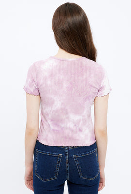Super Soft Tie Dye Ribbed Lettuce Edge Embroidered Dragon Fly Graphic Baby Tee