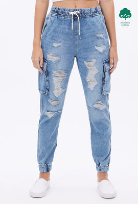 Jogger cargo taille haute en tricot denim