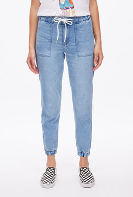 Joggeur jegging cargo en denim taille haute