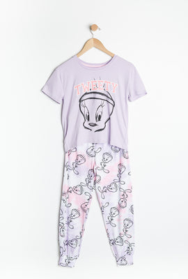 AERO Girls Super Soft Tie Dye Tweety Graphic 2 Piece Pajama Set