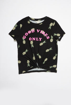 T-shirt super doux à imprimé d'ananas Good Vibes Only et attache à l'avant pour filles AERO