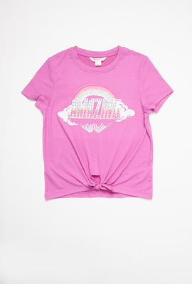 T-shirt super doux à imprimé d'arc-en-ciel Amazing et attache à l'avant pour filles AERO