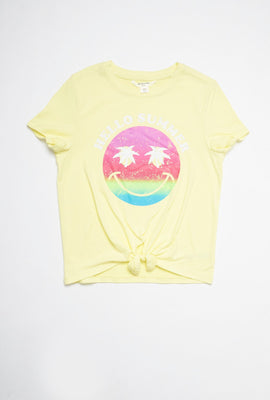 T-shirt super doux à imprimé multicolore d'émoticône Hello Summer et attache à l'avant pour filles AERO