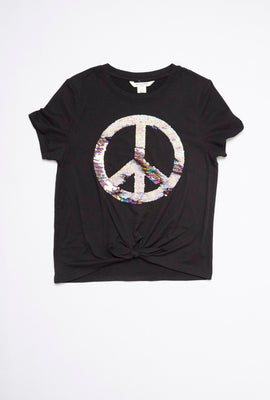 AERO Girls Super Soft Tie Front Flippy Sequin Peace Sign Graphic Tee