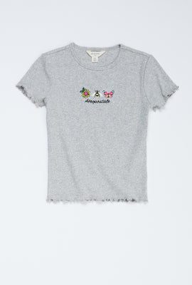 Girls Ribbed Lettuce Edge Embroidered Aéropostale Graphic Tee