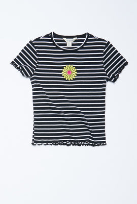 T-shirt côtelé et brodé à ourlet festonné et imprimé de rayures et fleurs pour filles