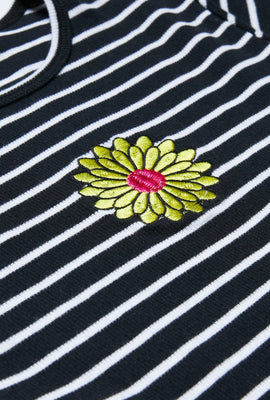 T-shirt côtelé et brodé à ourlet festonné et imprimé de rayures et fleurs pour filles
