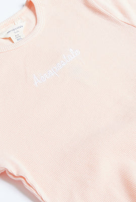 T-shirt côtelé à ourlet festonné et imprimé de broderie Aéropostale pour filles
