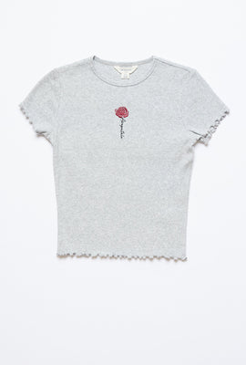 T-shirt côtelé à ourlet festonné et imprimé de broderie de fleur et Aéropostale pour filles