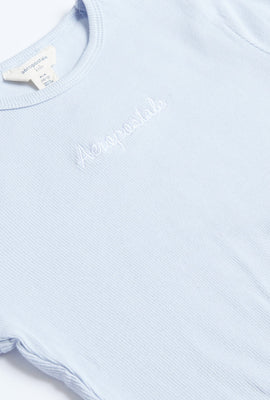 T-shirt côtelé à ourlet festonné et imprimé de broderie et Aéropostale pour filles