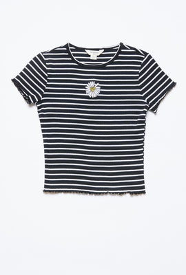 Girls Ribbded Lettuce Edge Embroidered Striped Flower Graphic Tee