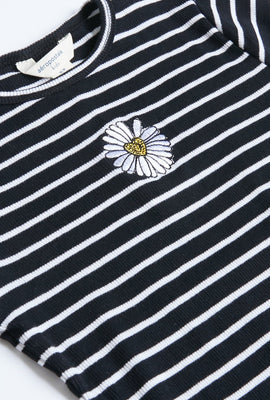 Girls Ribbded Lettuce Edge Embroidered Striped Flower Graphic Tee