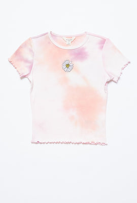 T-shirt côtelé à ourlet festonné et imprimé noué-teint de broderie de fleur pour filles