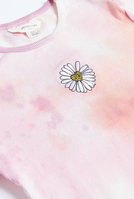 T-shirt côtelé à ourlet festonné et imprimé noué-teint de broderie de fleur pour filles