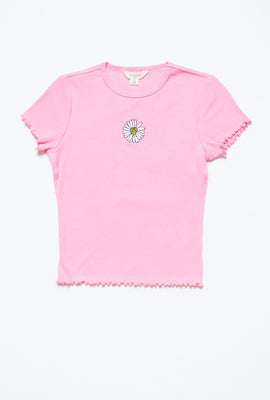 T-shirt côtelé à ourlet festonné et imprimé de broderie de fleur pour filles