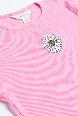 T-shirt côtelé à ourlet festonné et imprimé de broderie de fleur pour filles