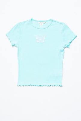 T-shirt côtelé à ourlet festonné et imprimé de broderie de papillon pour filles