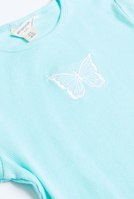 T-shirt côtelé à ourlet festonné et imprimé de broderie de papillon pour filles