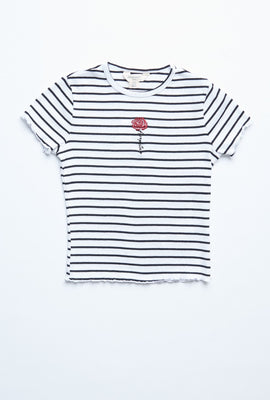 T-shirt côtelé à ourlet festonné et imprimé de broderie à rayures de fleur et Aéropostale pour filles