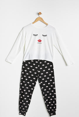 Ensemble pyjama 2 pièces AERO super doux à imprimé graphique lèvre et cils pour fille