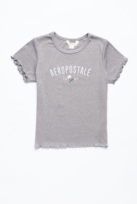 T-shirt AERO côtelé brodé Aéropostale 1987 avec bordure ondulée pour fille