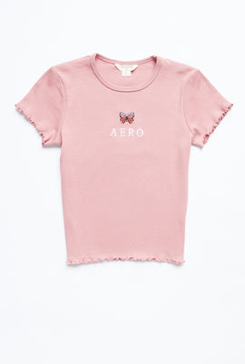T-shirt AERO côtelé papillon brodé avec bordure ondulée pour fille