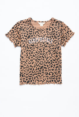 T-shirt AERO côtelé Aéropostale brodé à motif leopard avec bordure ondulée pour fille