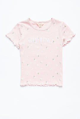 T-shirt AERO côtelé fleur brodé avec bordure ondulée pour fille