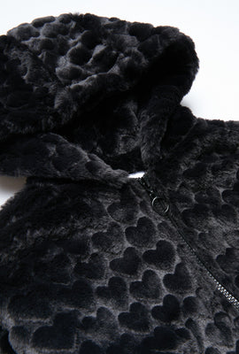 Manteau à capuchon AERO zippé coupe court en fausse fourrure coeurs pour fille