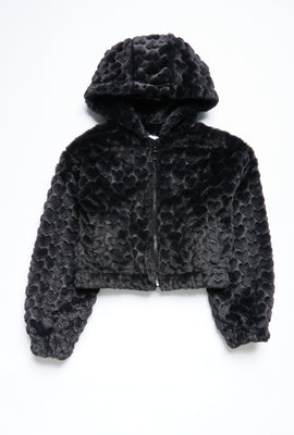 Manteau à capuchon AERO zippé coupe court en fausse fourrure coeurs pour fille