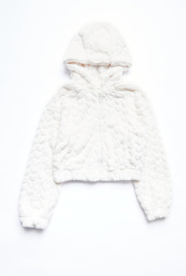 Manteau à capuchon AERO zippé coupe court en fausse fourrure coeurs pour fille