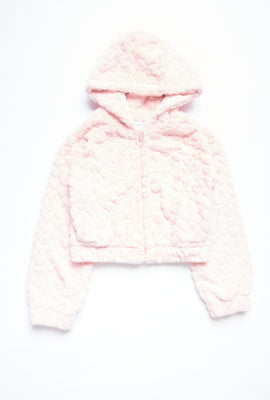 Manteau à capuchon AERO zippé coupe court en fausse fourrure coeurs pour fille