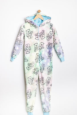 Grenouillère à capuchon AERO super doux pelucheux teint noué a imprimé graphique Bisounours pour fille