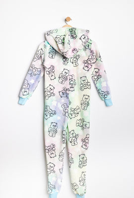 Grenouillère à capuchon AERO super doux pelucheux teint noué a imprimé graphique Bisounours pour fille
