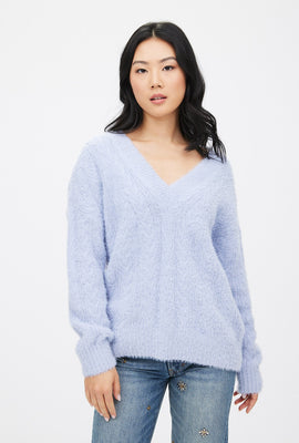 Eyelash V-Neck Pullover Sweater
