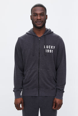 Pull à capuchon zippé délavé effet usé en Vintage Burnout à imprimé Lucky Brand 1990